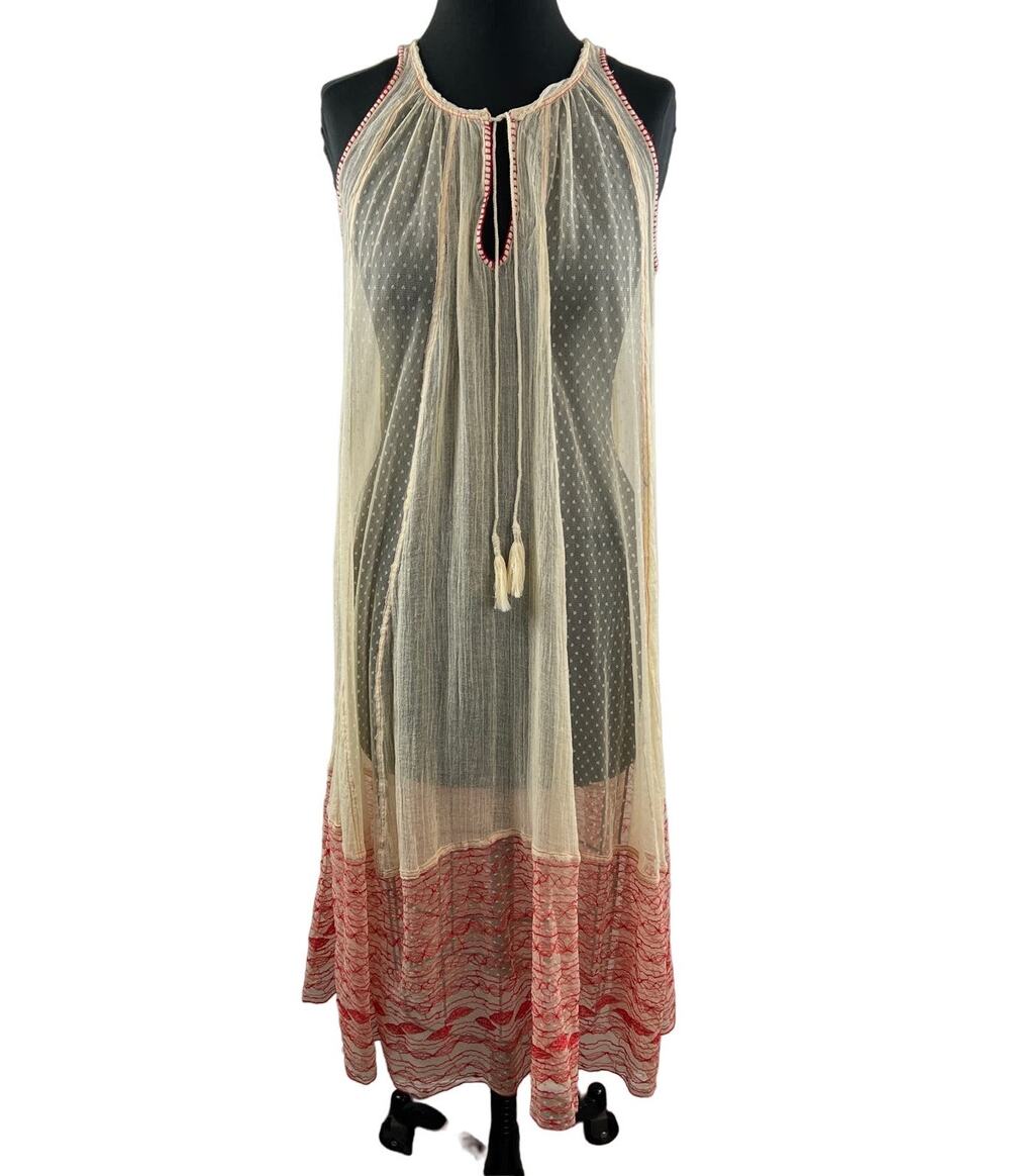 VTG FREE PEOPLE Beige Red Sheer Maxi Dress Tie Sleeveless Polka Dot Size S Small
